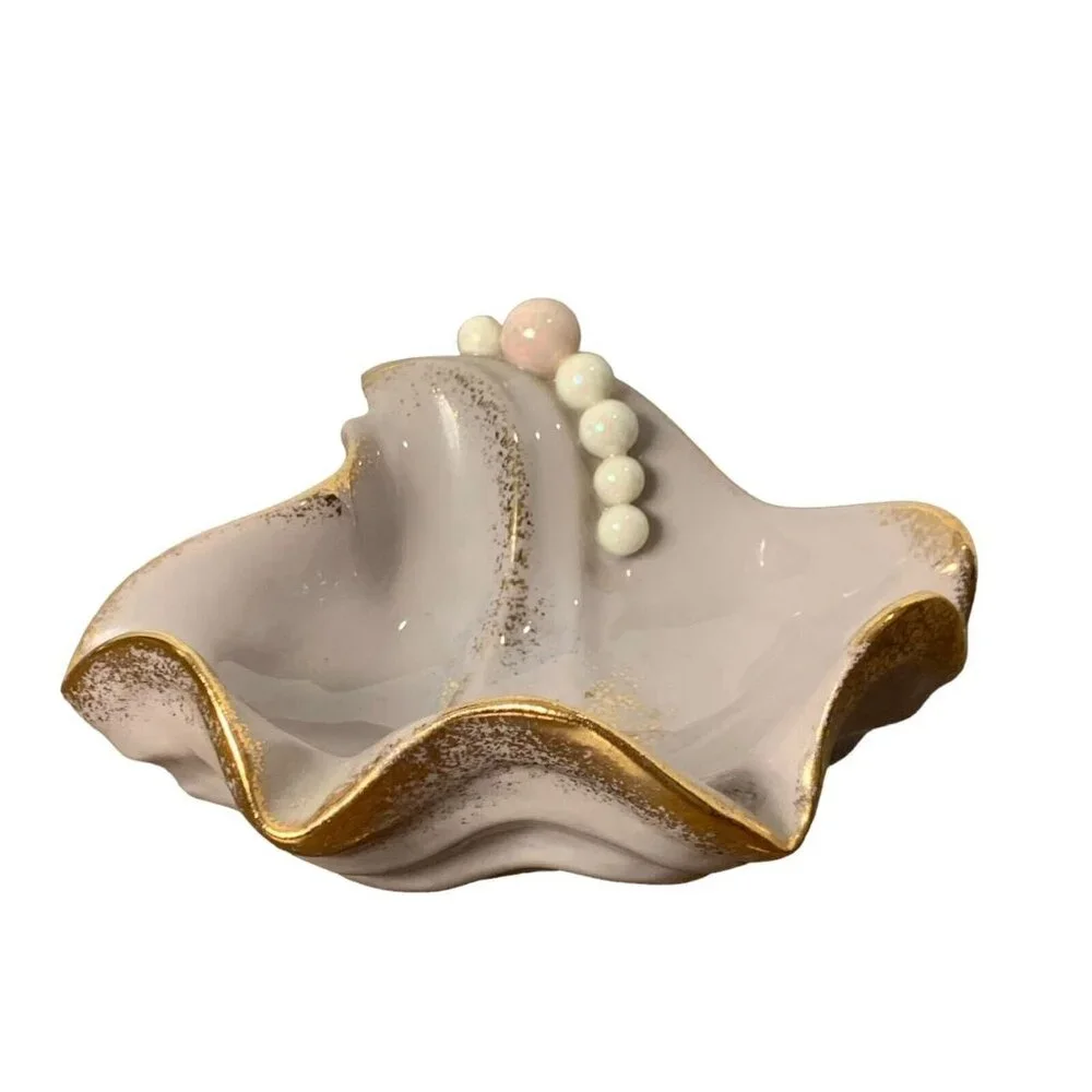 Vintage‎ MCM Gilt Seashell Ashtray Trinket Dish Pearls Midcentury Mermaid Ocean